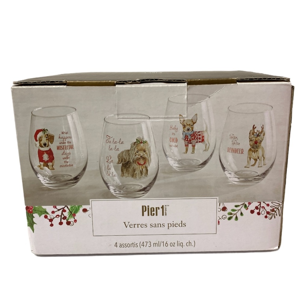 New Pier 1 Christmas Dogs Stemless Glasses puppies